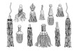 ..A set of various tassels and sword knots of different materials. Cord, thread, leather, beads. Engraved decor elements. Monochrome isolated objects. Vector vintage illustration.