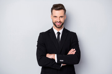 Sticker - Portrait of confident cool business man cross his hand feel content ready solve decide solution wear classy suit isolated over grey color background