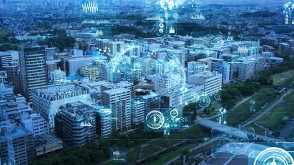 Poster - Modern city aerial view and communication network concept. Smart city. 5G. IoT.