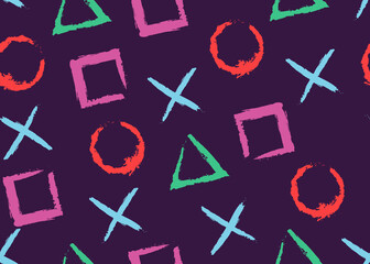 Game console, joystick symbols. Grunge style shapes, seamless pattern.