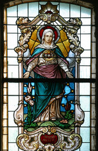 Immaculate Heart Of Mary, Stained Glass Window In Parish Church Of The Assumption Of The Virgin Mary In Pescenica, Croatia
