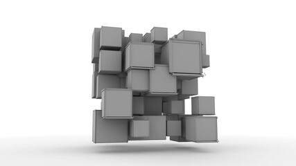 Poster - 3D animation of cubes that are divided by changing the size. Cubes are divided into segments and restored. Abstract 4K animation for the background screen saver.