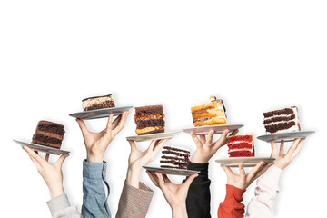 Wall Mural - Concept for cafe or bakery with desserts: plates with different cakes in people's hands, place for your text