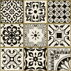 Collection of 9 colorful tiles. Seamless patchwork tile with Victorian motives. Majolica pottery tile, black and gray azulejo, original traditional Portuguese and Spain decor.