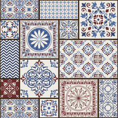 Naklejka na meble Seamless patchwork tile with Victorian motives. Majolica pottery tile, colored azulejo, original traditional Portuguese and Spain decor. Vector illustration for print wallpaper, fabric, paper, tile