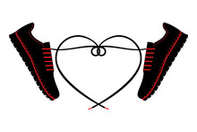 A pair of sneakers and a heart shaped shoelaces. A pair of gym shoes with long laces. Isolated vector illustration on white background. Flat style.