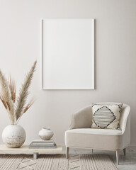 mock up poster frame in modern interior background, living room, Scandinavian style, 3D render, 3D illustration