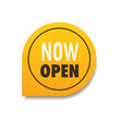 © mast3r - now open sticker coronavirus quarantine is over advertising campaign concept yellow poster label flyer vector illustration