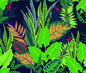  Surface design with tropical leaves on a dark blue background. Vector seamless pattern with exotic plants. Summer bright background. Print in the style of the jungle with Hawaiian motifs.