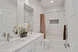 Luxury white bathroom interior with double vanity cabinet