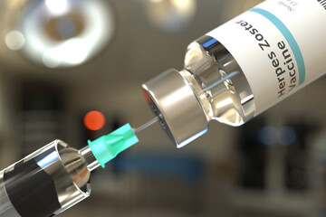 Wall Mural - Vial with herpes zoster vaccine and syringe for injection. 3D rendering