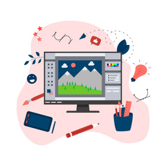Poster - Flat vector graphic drawing concept with open illustration application with a creative project	
