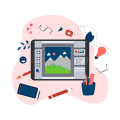 Poster - Flat vector graphic drawing concept with open illustration application with a creative project	
