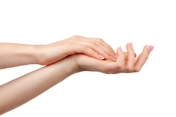 Poster - Well-groomed female hands with manicure on white background