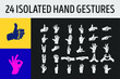 24  isolated hand gestures. Digits hand gestures. Gesturing hands. Counting gestures, forefinger sign, open arm showing signal, handshake, love, heart, rock, thank you. Communication vector set.