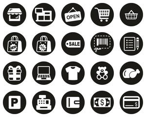 Canvas Print - Shopping Mall Or Supermarket Icons White On Black Flat Design Circle Set Big