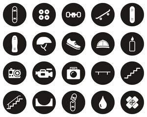 Wall Mural - Skateboarding Extreme Sport & Equipment Icons White On Black Flat Design Circle Set Big