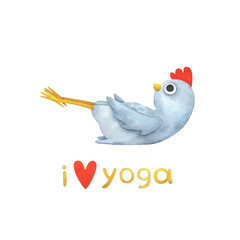 Funny white chicken in yoga poses. A set of watercolor illustrations with a bird in Navasana (Boat Pose) and the text 