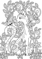 Wall Mural - Doodle coloring book page cute cat and butterfly in flowers. Antistress for adult.