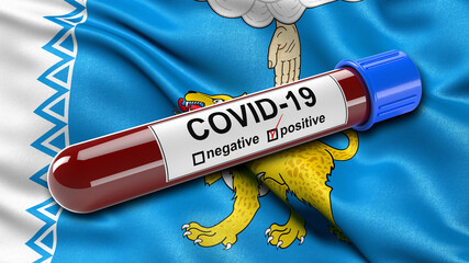 Wall Mural - Flag of Pskov Oblast waving in the wind with a positive Covid-19 blood test tube. 3D illustration concept for blood testing for diagnosis of the new Corona virus.