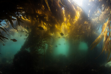 Wall Mural - Giant kelp, Macrocystis pyrifera, grows quickly in the cold eastern Pacific waters that flow along the California coast. Kelp forests support a surprising and diverse array of marine biodiversity.