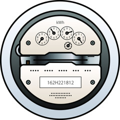 An analog / old fashioned household electricity / power meter with a series of analog dials.