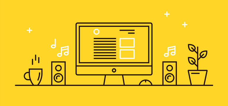 Vector illustration of a cozy workplace with a computer monitor, music speakers, a plant and a cup of hot coffee. Linear icon of desktop.