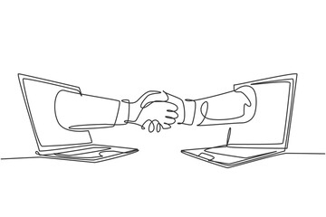 Wall Mural - Continuous line drawing of business men shaking hand to deal a project. Hand come out from laptop screen. Digital online transaction concept. One line drawing graphic design, vector illustration
