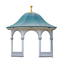 Wooden Gazebo With Arches And An Iron Green Roof On White Background