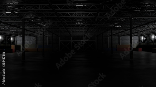 Fotografía 3d rendering of dark empty factory interior or empty warehouse