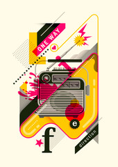 Wall Mural - Abstract style poster design, with retro radio, typography and various objects in color. Vector illustration.