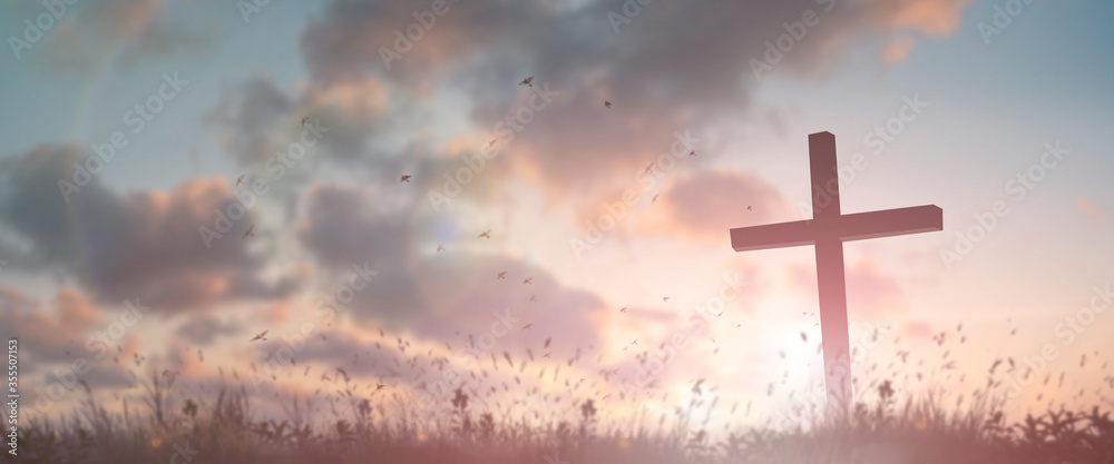 Silhouette jesus christ crucifix on cross on calvary sunset background concept for good friday he is risen in easter day, good friday jesus death on crucifix, world christian and holy spirit religious - obrazy, fototapety, plakaty 