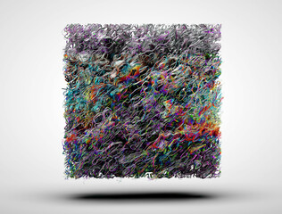 3d render of abstract art with surreal 3d flying cube or box based on curve wavy mix of wires hairs or cords in transparent plastic material with rainbow dispersion effect on white background 