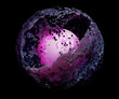 3d render of abstract art of 3d sphere planet in explosion process based on small balls particles in black purple matte plastic material with blue lines pattern and pink lines ball inside as core
