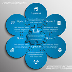Fototapete - Blue flower puzzle presentation infographic template with six explanatory text field for business statistics
