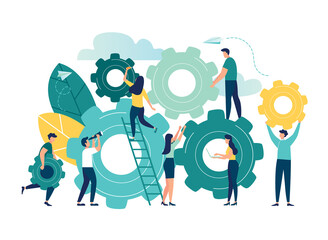 Business concept of vector illustration, little people links of mechanism, business mechanism, abstract background with gears, people are engaged in business promotion, strategy analysis, communicatio