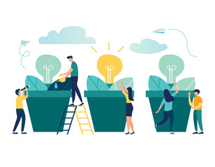 vector illustration. people grow potted plants, a metaphor for the birth of a creative idea. business concept analysis. graphic design idea of project activity - Vector 