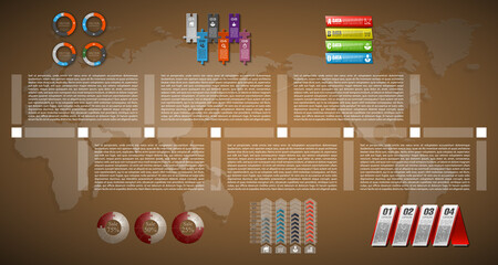 Poster - Timeline infographic with unfocused background and icons set. World map