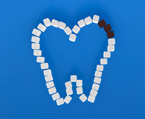 Wall Mural - Tooth from sugar cubes on blue background, some brown sugar cubes, concept for sweet tooth, caries. Sugar is the cause of tooth decay. 3d render