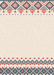 Wall Mural - Handmade knitted abstract background pattern with scandinavian ornaments. White, red, blue colors. Flat style.Greeting Card, poster, banner, invitation template