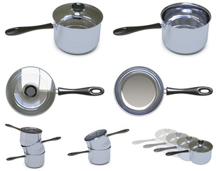  Collection of pans in white background. 3D Illustration.