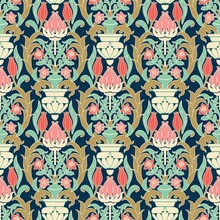 Seamless Damask Wallpaper. Seamless Vintage Pattern In Victorian Style . Hand Drawn Floral Pattern. Vector Illustration