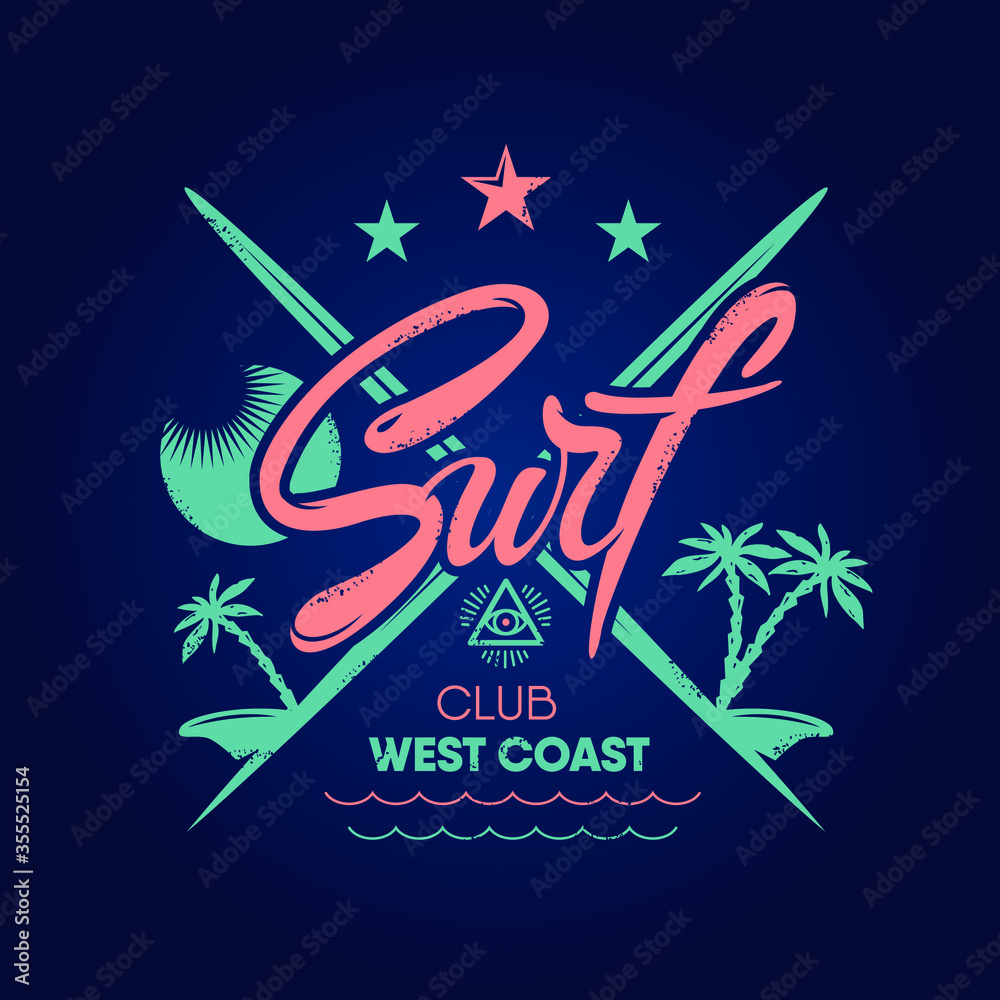 Surf lettering, crossed surfboards and palm trees on a background of ...