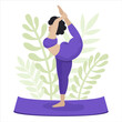 Woman practicing yoga, standing in Natarajasana exercise. Girl doing yoga pose, hatha yoga, workout or fitness. Vector illustration in flat cartoon style.