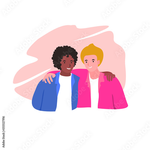 Cuadros en Lienzo Happy friendship day greeting card with diverse friend,
hugging together for special event celebration