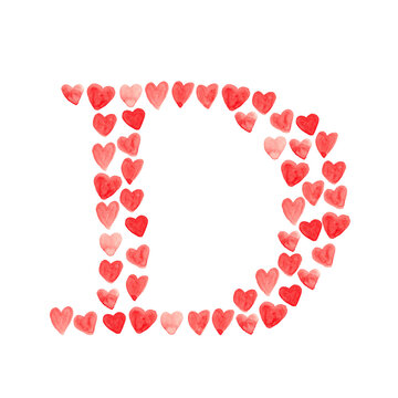 Letter D with red hearts - watercolor painting font isolated on white background