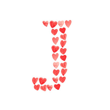 Letter J with red hearts - watercolor painting font isolated on white background