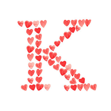 Letter K with red hearts - watercolor painting font isolated on white background