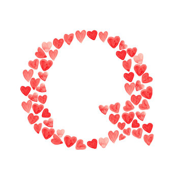 Letter Q with red hearts - watercolor painting font isolated on white background