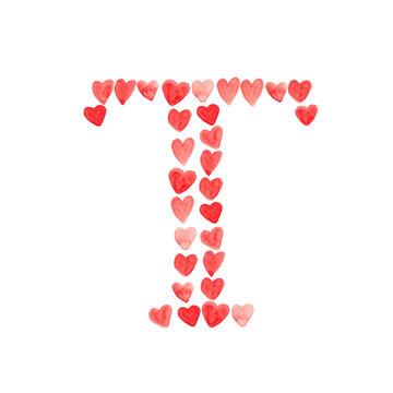 Letter T with red hearts - watercolor painting font isolated on white background